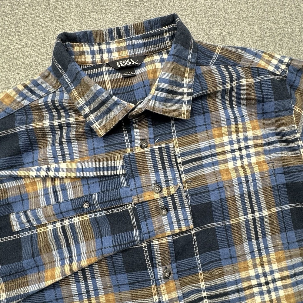 Eddie Bauer Flannel Shirt Mens XL Blue/Brown Plaid Button Up Long Sleeve
